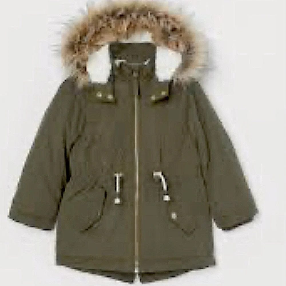 H&M Toddler Hooded Padded Parka w/Faux Fur Trim Size 3-4 Olive Green/Cream NWOT